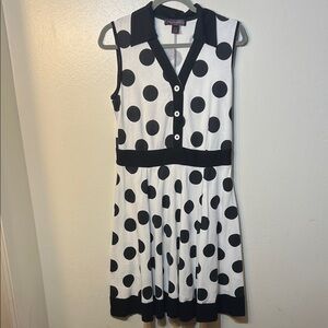 Elena Wang Black and White Polka Dot Knit A-Line Collared Dress Medium